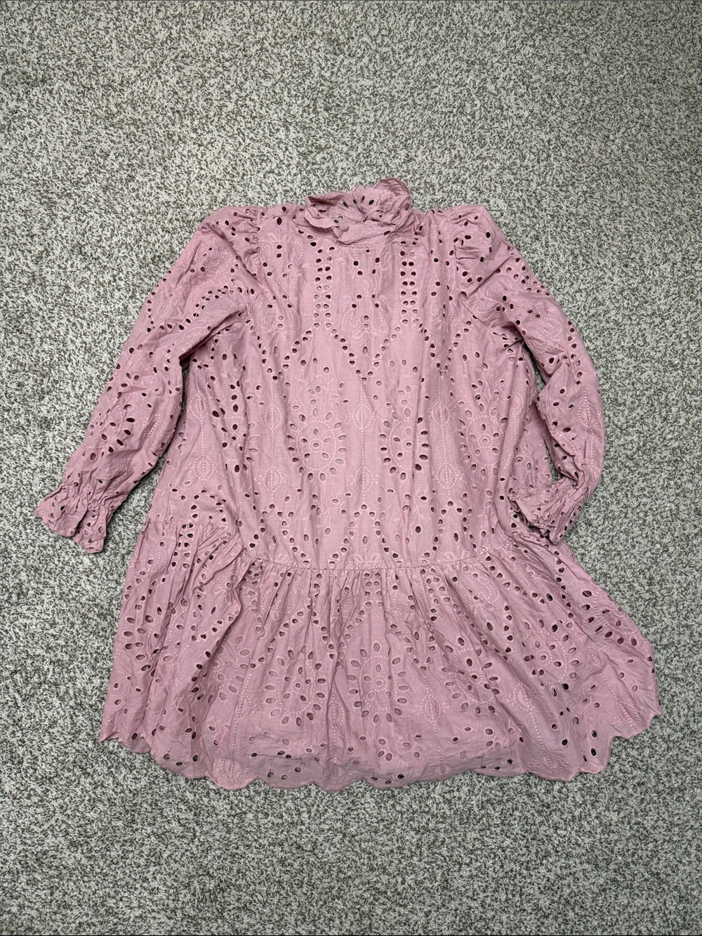 Eloquii Mauve Eyelet Ruffle Neck Long Sleeve Dress